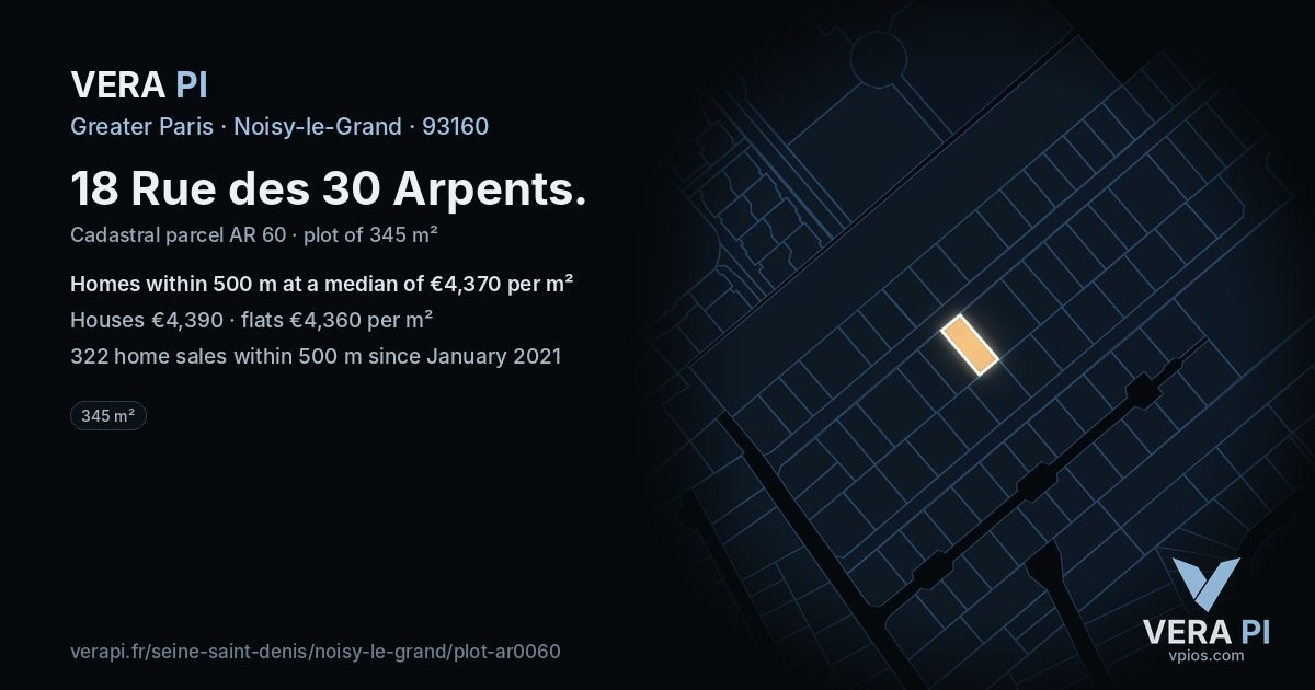 18 Rue des 30 Arpents, Noisy-le-Grand at night – the plot lit, the parcels around coloured by the prices near them