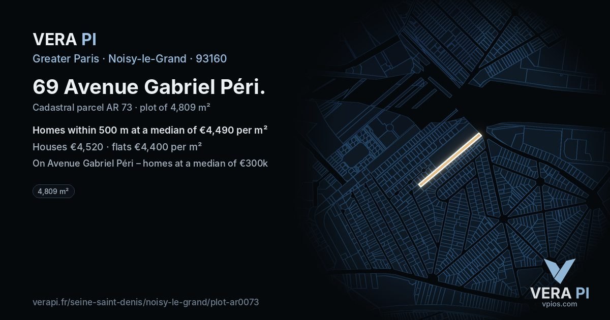 69 Avenue Gabriel Péri, Noisy-le-Grand at night – the plot lit, the parcels around coloured by the prices near them