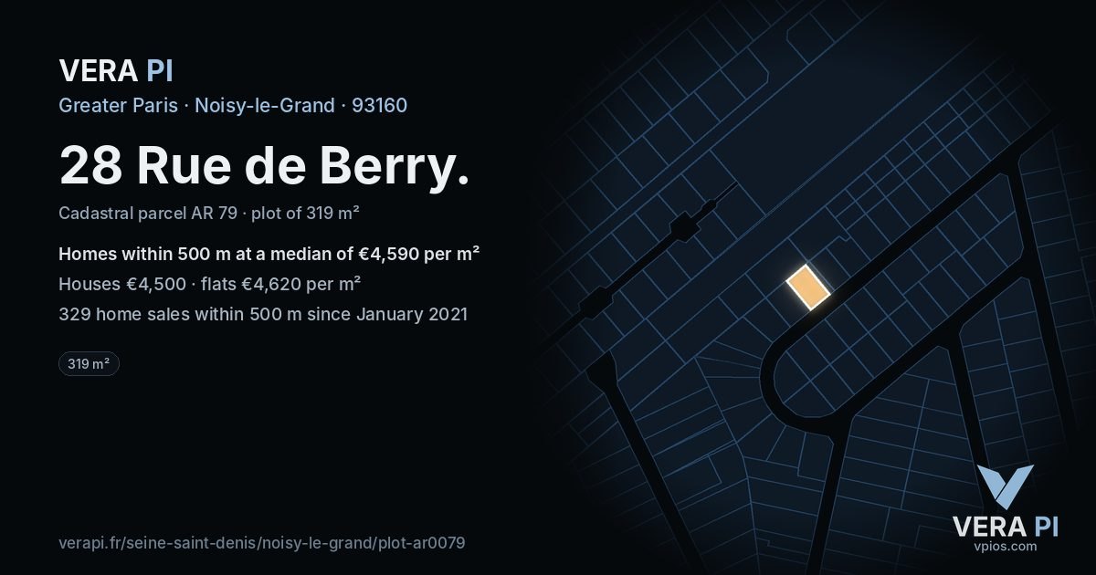 28 Rue de Berry, Noisy-le-Grand at night – the plot lit, the parcels around coloured by the prices near them