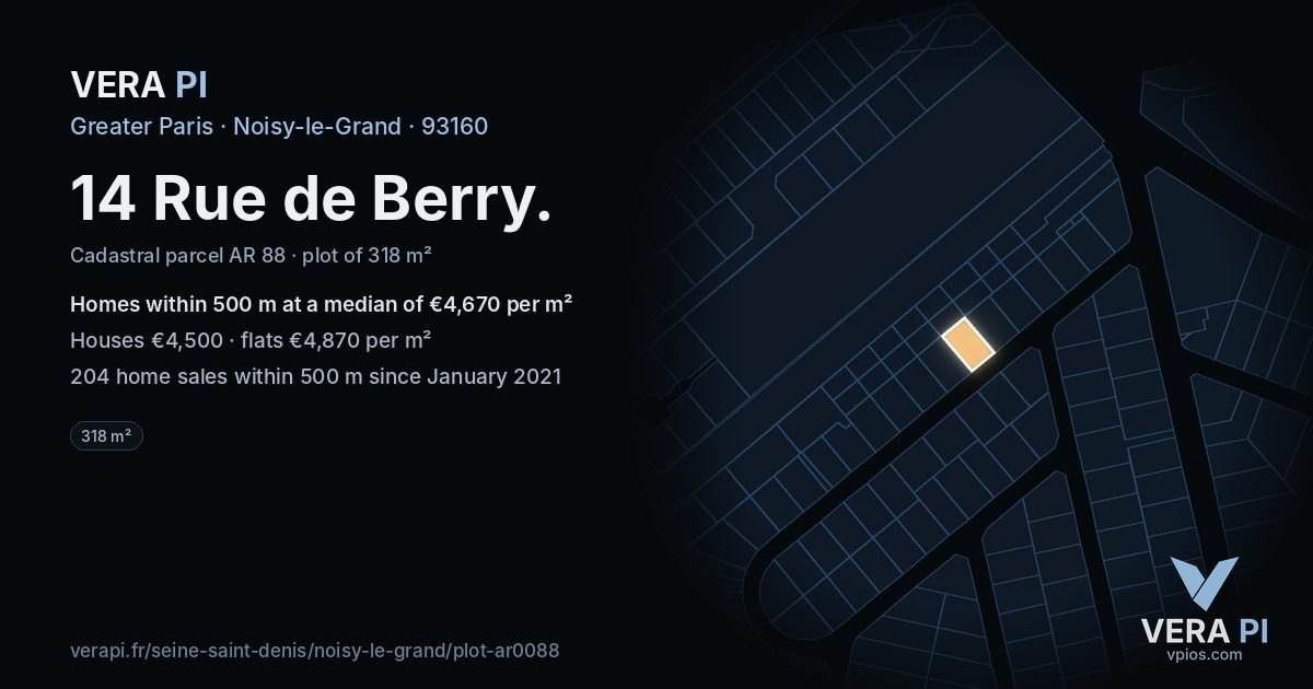 14 Rue de Berry, Noisy-le-Grand at night – the plot lit, the parcels around coloured by the prices near them