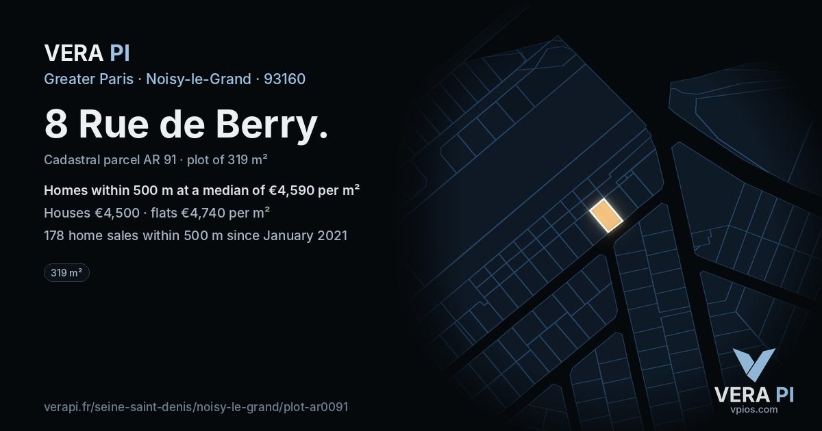 8 Rue de Berry, Noisy-le-Grand at night – the plot lit, the parcels around coloured by the prices near them