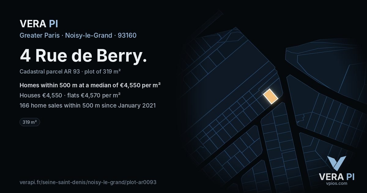4 Rue de Berry, Noisy-le-Grand at night – the plot lit, the parcels around coloured by the prices near them