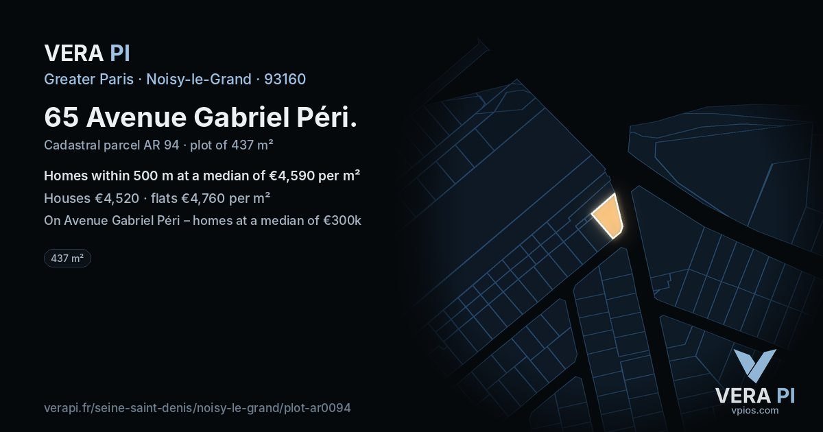 65 Avenue Gabriel Péri, Noisy-le-Grand at night – the plot lit, the parcels around coloured by the prices near them