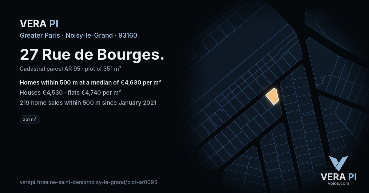 27 Rue de Bourges, Noisy-le-Grand at night – the plot lit, the parcels around coloured by the prices near them