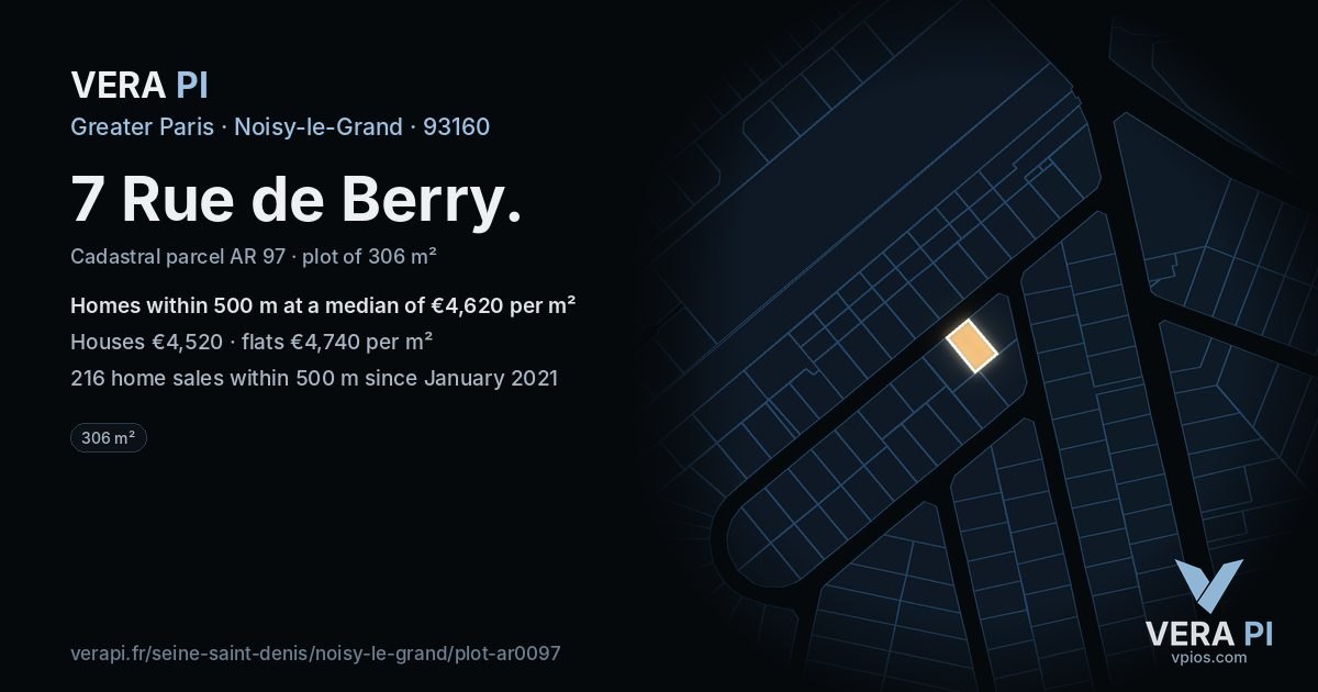 7 Rue de Berry, Noisy-le-Grand at night – the plot lit, the parcels around coloured by the prices near them