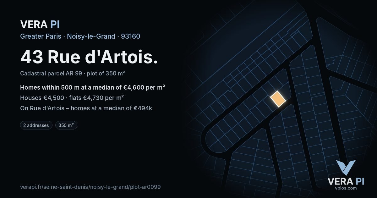 43 Rue d'Artois, Noisy-le-Grand at night – the plot lit, the parcels around coloured by the prices near them