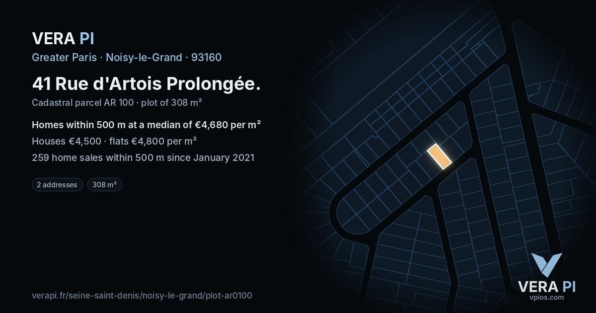 41 Rue d'Artois Prolongée, Noisy-le-Grand at night – the plot lit, the parcels around coloured by the prices near them