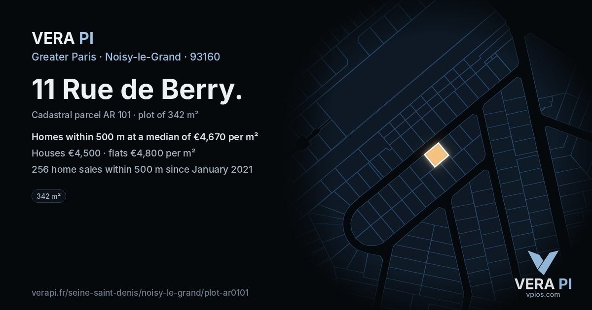 11 Rue de Berry, Noisy-le-Grand at night – the plot lit, the parcels around coloured by the prices near them