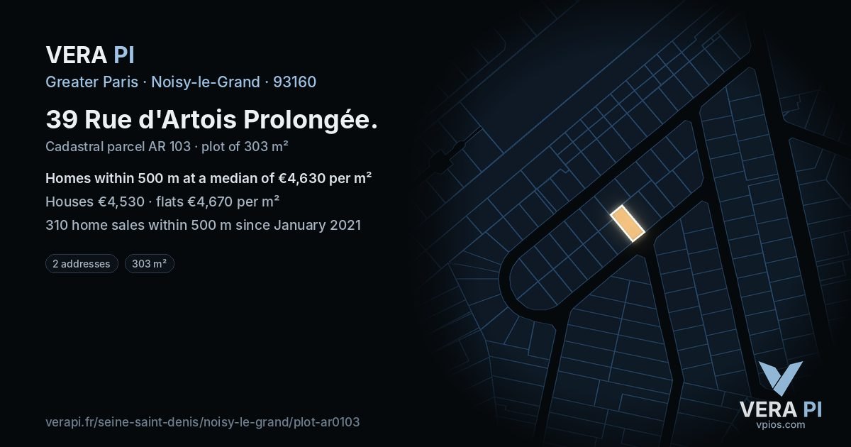 39 Rue d'Artois Prolongée, Noisy-le-Grand at night – the plot lit, the parcels around coloured by the prices near them