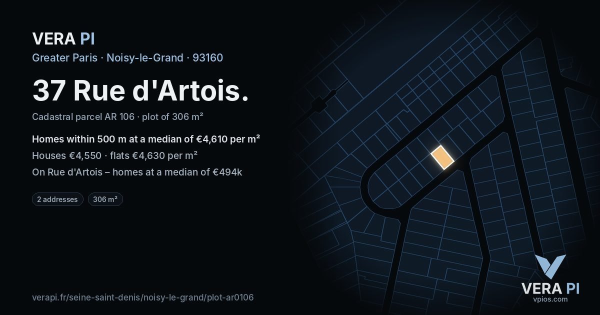 37 Rue d'Artois, Noisy-le-Grand at night – the plot lit, the parcels around coloured by the prices near them