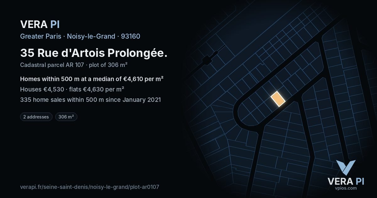 35 Rue d'Artois Prolongée, Noisy-le-Grand at night – the plot lit, the parcels around coloured by the prices near them