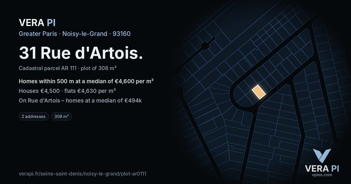 31 Rue d'Artois, Noisy-le-Grand at night – the plot lit, the parcels around coloured by the prices near them