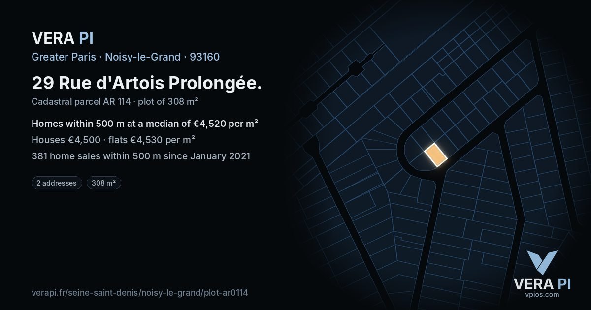 29 Rue d'Artois Prolongée, Noisy-le-Grand at night – the plot lit, the parcels around coloured by the prices near them