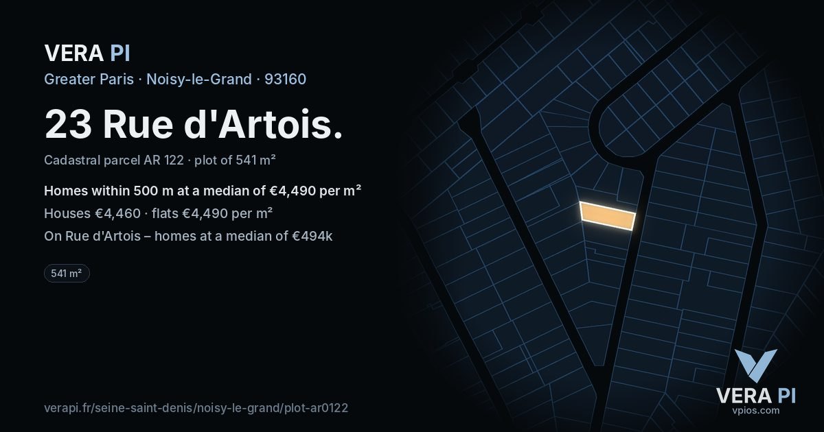 23 Rue d'Artois, Noisy-le-Grand at night – the plot lit, the parcels around coloured by the prices near them