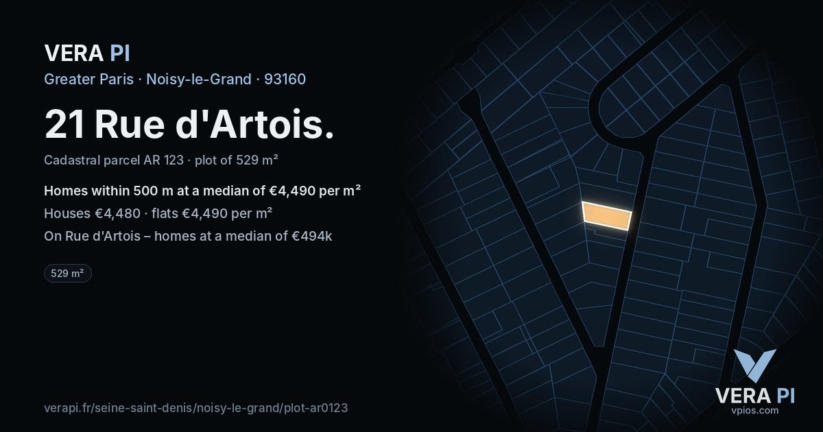 21 Rue d'Artois, Noisy-le-Grand at night – the plot lit, the parcels around coloured by the prices near them