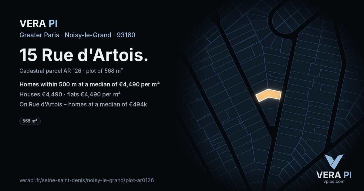 15 Rue d'Artois, Noisy-le-Grand at night – the plot lit, the parcels around coloured by the prices near them
