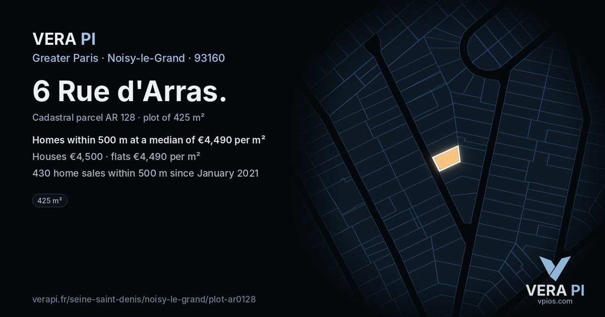 6 Rue d'Arras, Noisy-le-Grand at night – the plot lit, the parcels around coloured by the prices near them