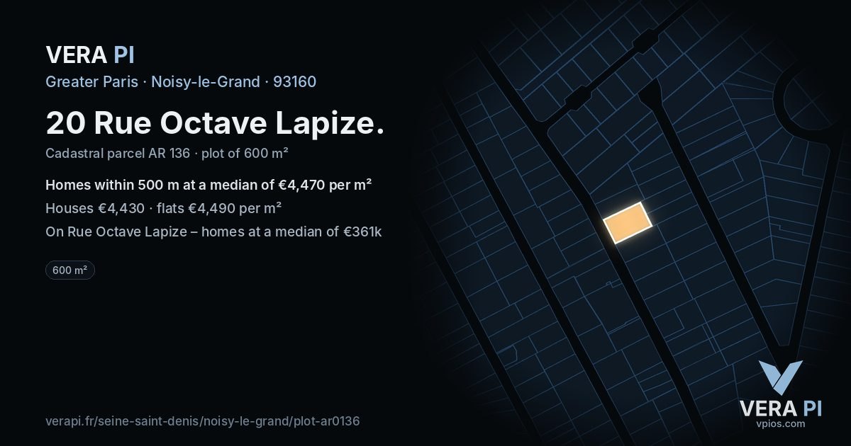 20 Rue Octave Lapize, Noisy-le-Grand at night – the plot lit, the parcels around coloured by the prices near them