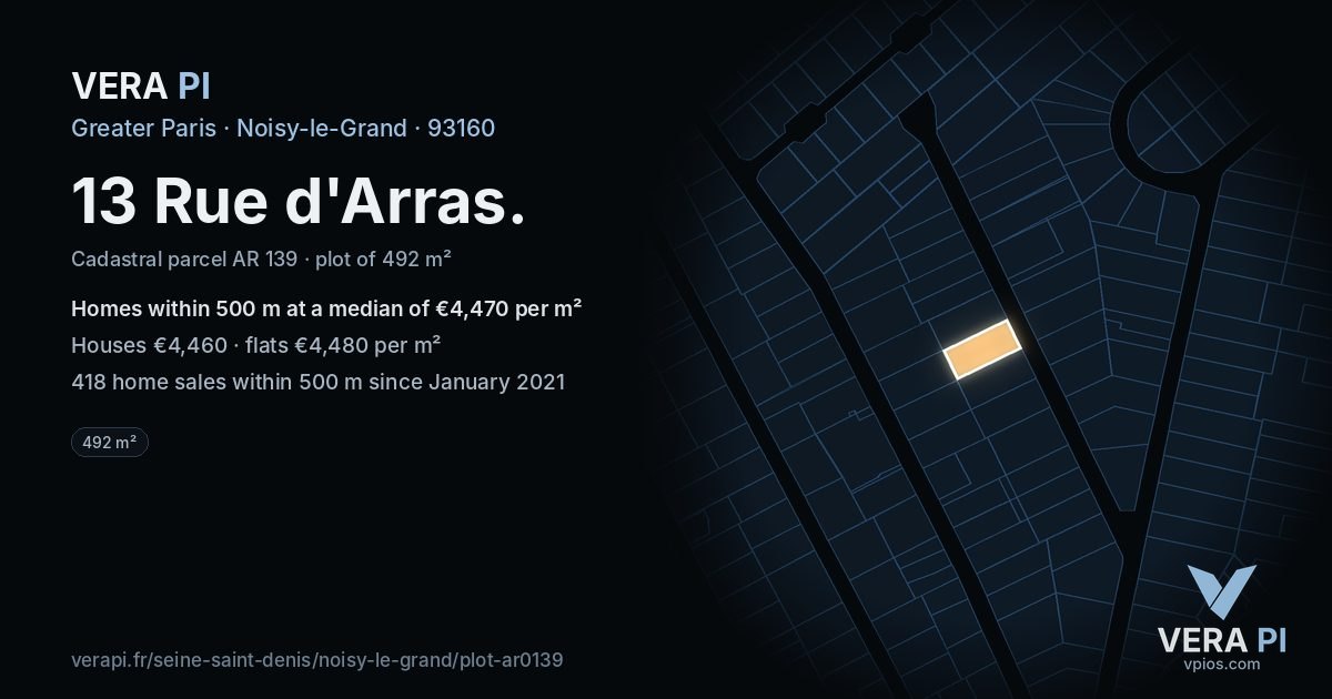 13 Rue d'Arras, Noisy-le-Grand at night – the plot lit, the parcels around coloured by the prices near them