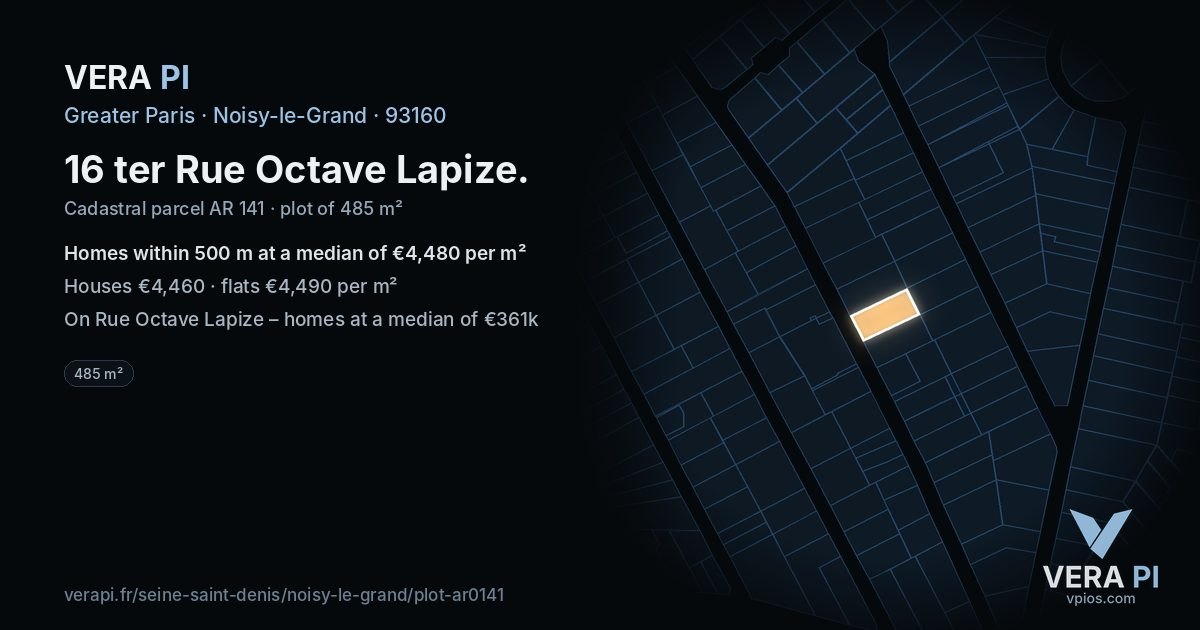16 ter Rue Octave Lapize, Noisy-le-Grand at night – the plot lit, the parcels around coloured by the prices near them