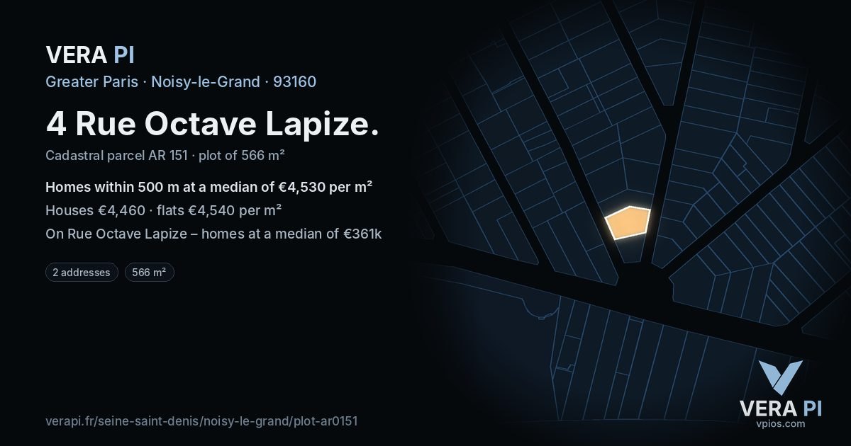 4 Rue Octave Lapize, Noisy-le-Grand at night – the plot lit, the parcels around coloured by the prices near them