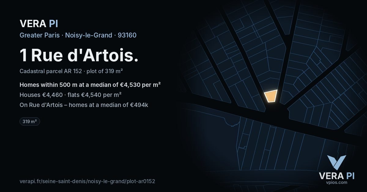 1 Rue d'Artois, Noisy-le-Grand at night – the plot lit, the parcels around coloured by the prices near them