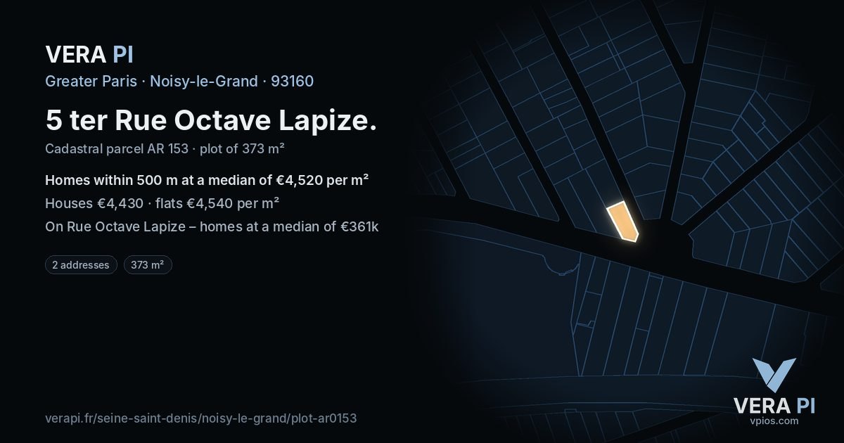 5 ter Rue Octave Lapize, Noisy-le-Grand at night – the plot lit, the parcels around coloured by the prices near them