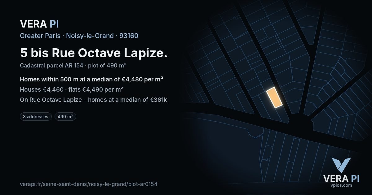 5 bis Rue Octave Lapize, Noisy-le-Grand at night – the plot lit, the parcels around coloured by the prices near them