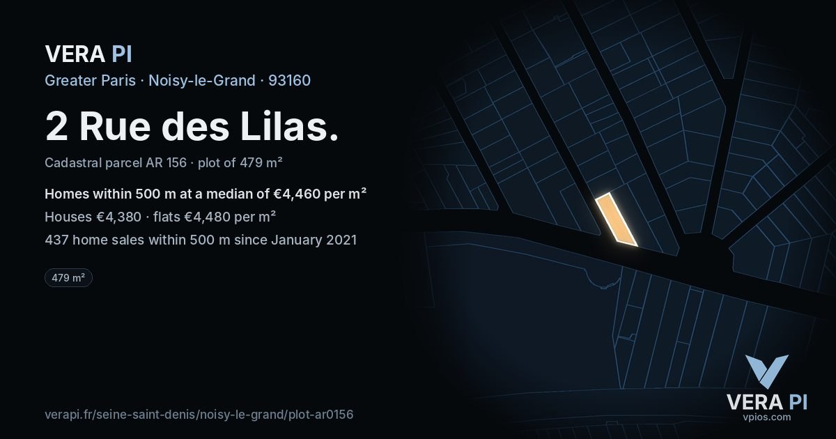 2 Rue des Lilas, Noisy-le-Grand at night – the plot lit, the parcels around coloured by the prices near them