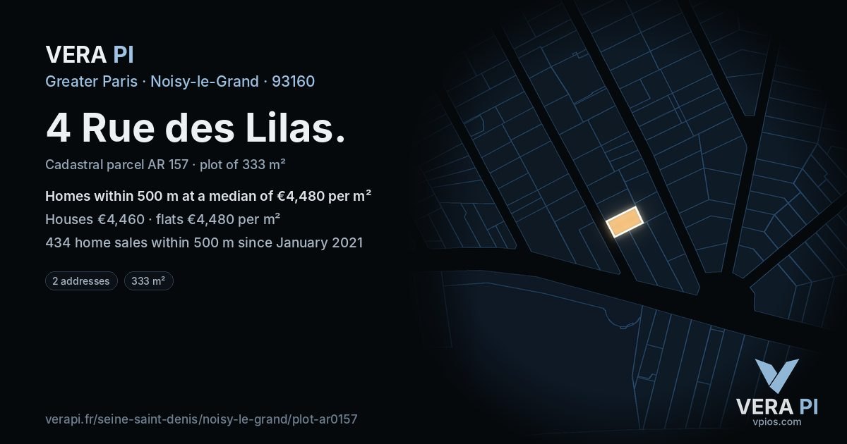 4 Rue des Lilas, Noisy-le-Grand at night – the plot lit, the parcels around coloured by the prices near them