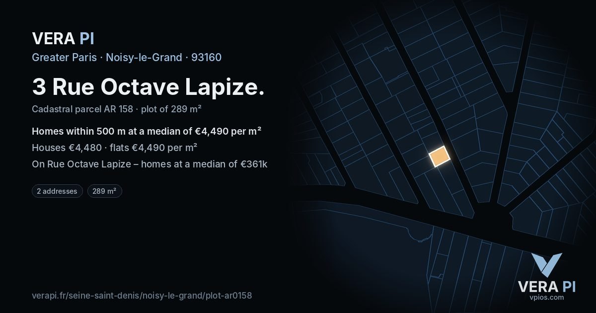 3 Rue Octave Lapize, Noisy-le-Grand at night – the plot lit, the parcels around coloured by the prices near them