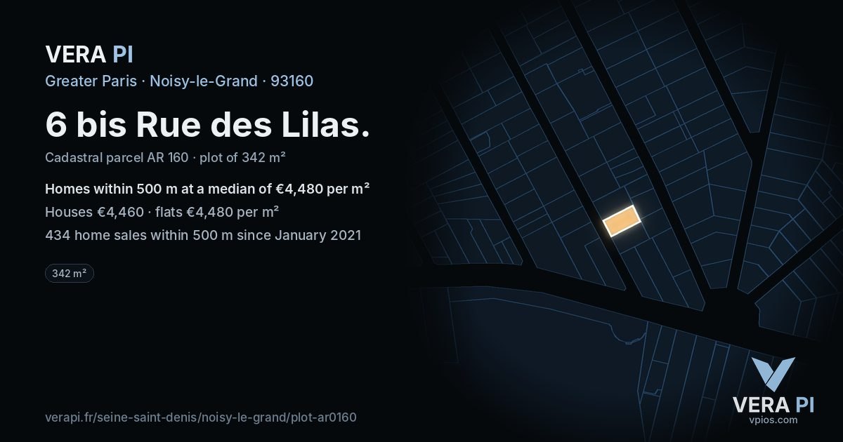 6 bis Rue des Lilas, Noisy-le-Grand at night – the plot lit, the parcels around coloured by the prices near them