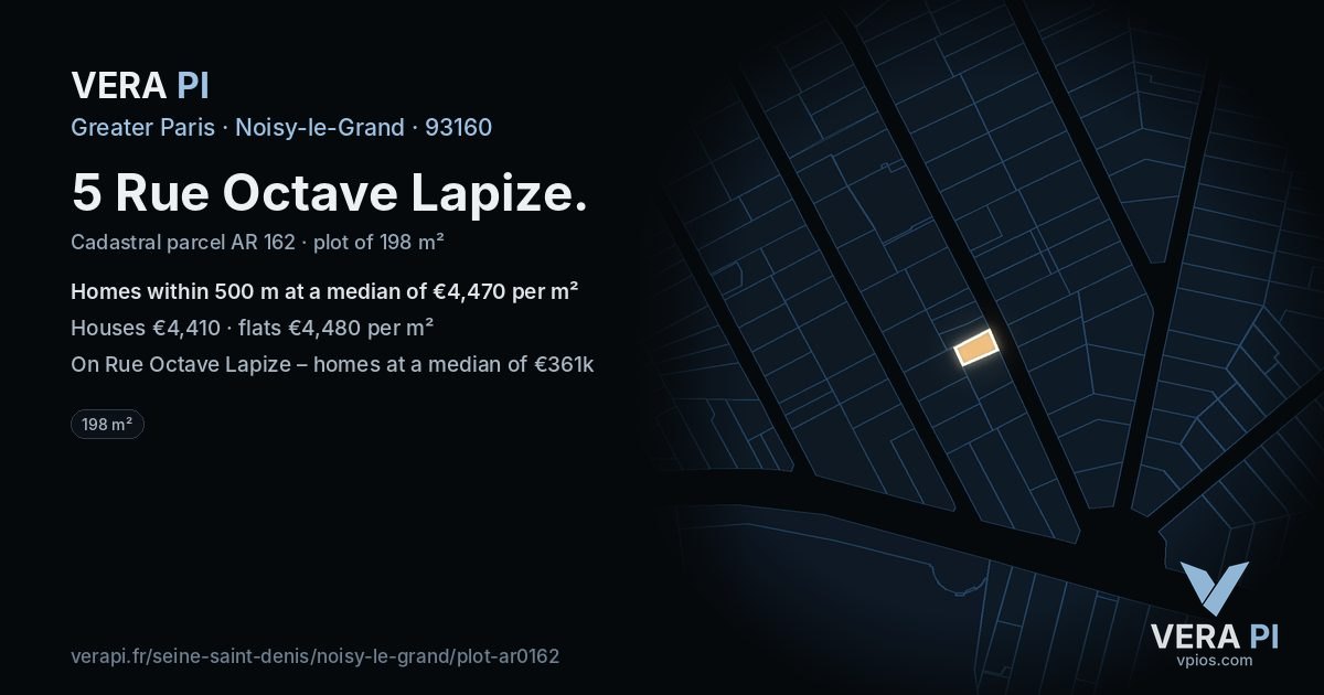 5 Rue Octave Lapize, Noisy-le-Grand at night – the plot lit, the parcels around coloured by the prices near them