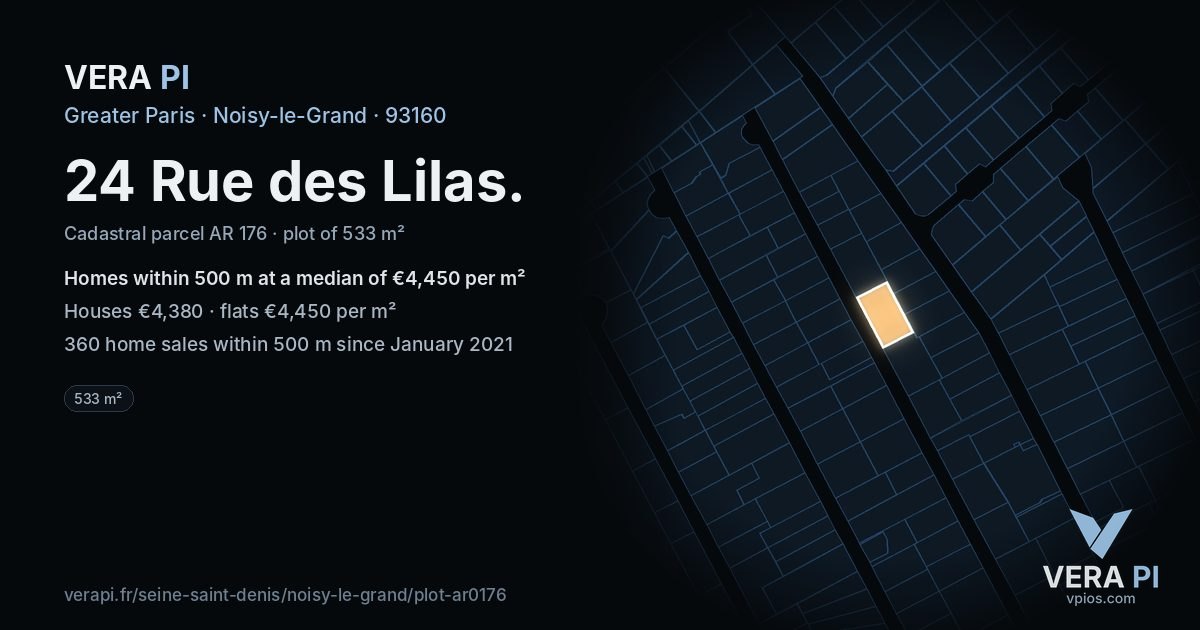 24 Rue des Lilas, Noisy-le-Grand at night – the plot lit, the parcels around coloured by the prices near them