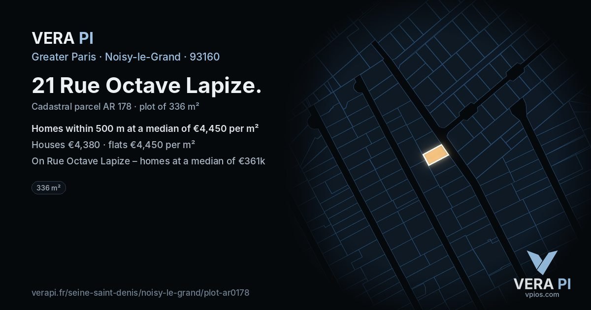 21 Rue Octave Lapize, Noisy-le-Grand at night – the plot lit, the parcels around coloured by the prices near them