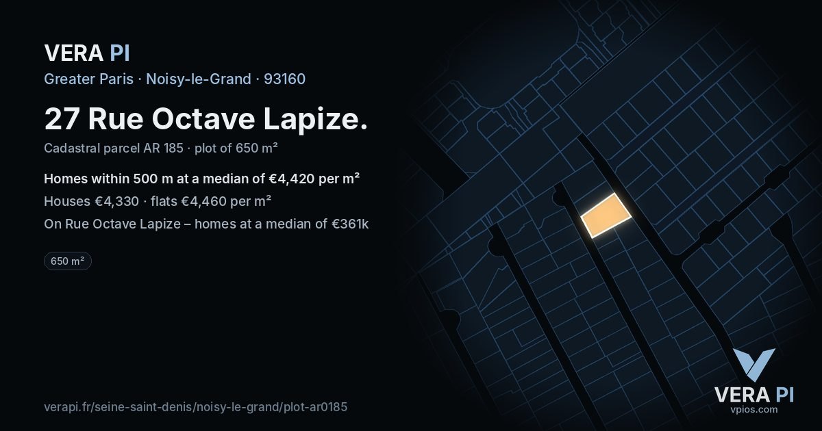 27 Rue Octave Lapize, Noisy-le-Grand at night – the plot lit, the parcels around coloured by the prices near them
