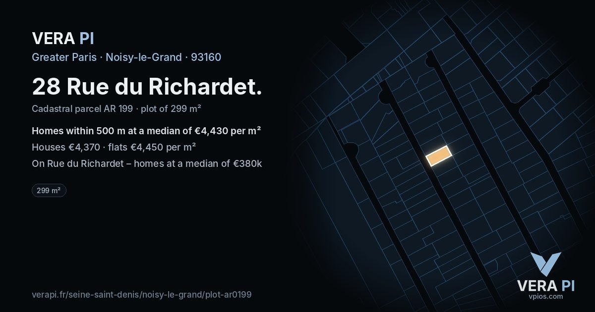 28 Rue du Richardet, Noisy-le-Grand at night – the plot lit, the parcels around coloured by the prices near them