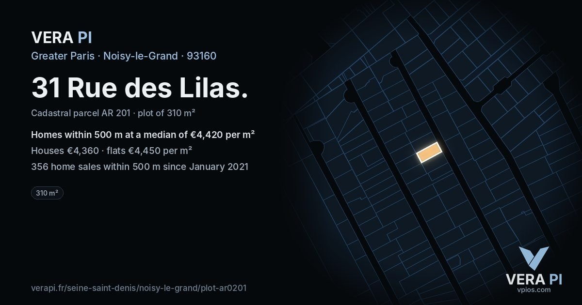 31 Rue des Lilas, Noisy-le-Grand at night – the plot lit, the parcels around coloured by the prices near them