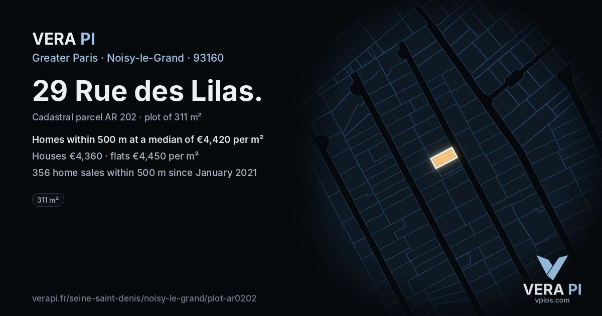 29 Rue des Lilas, Noisy-le-Grand at night – the plot lit, the parcels around coloured by the prices near them