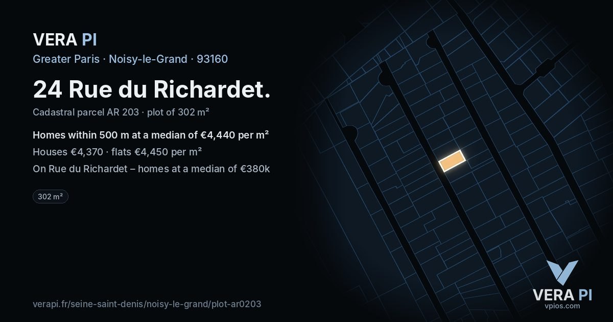 24 Rue du Richardet, Noisy-le-Grand at night – the plot lit, the parcels around coloured by the prices near them