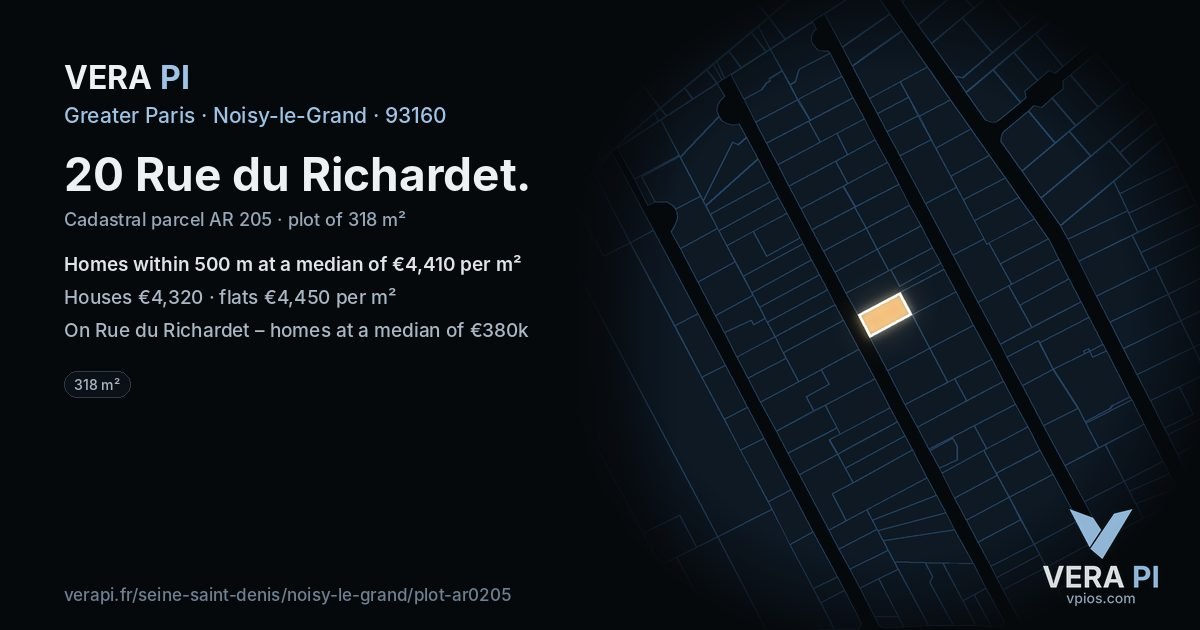 20 Rue du Richardet, Noisy-le-Grand at night – the plot lit, the parcels around coloured by the prices near them