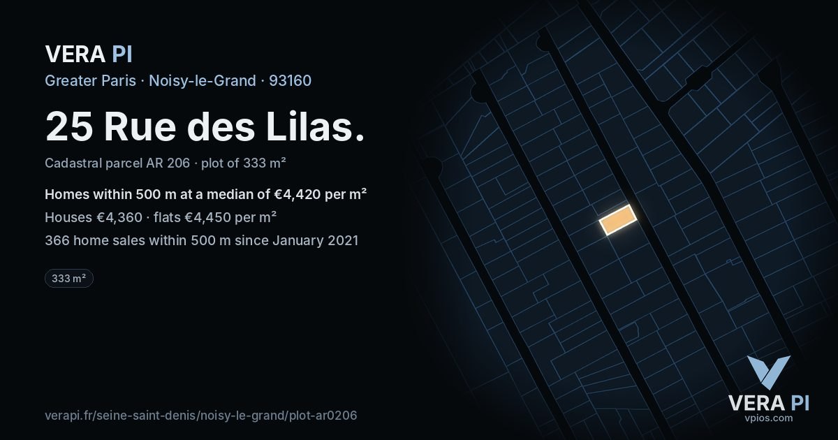 25 Rue des Lilas, Noisy-le-Grand at night – the plot lit, the parcels around coloured by the prices near them