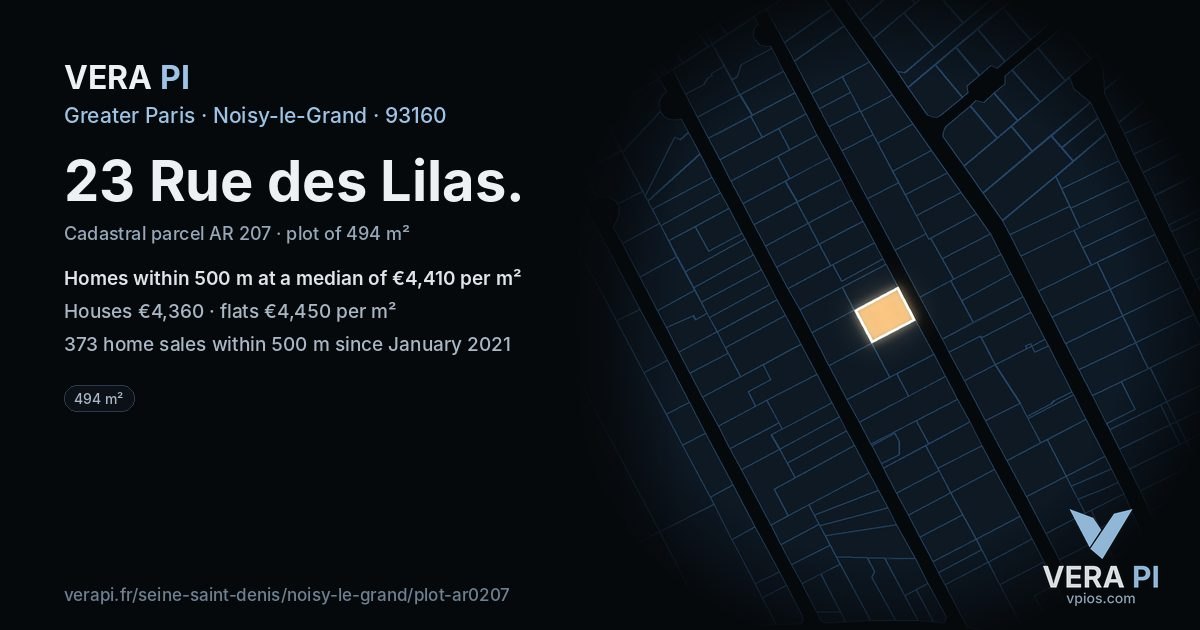 23 Rue des Lilas, Noisy-le-Grand at night – the plot lit, the parcels around coloured by the prices near them