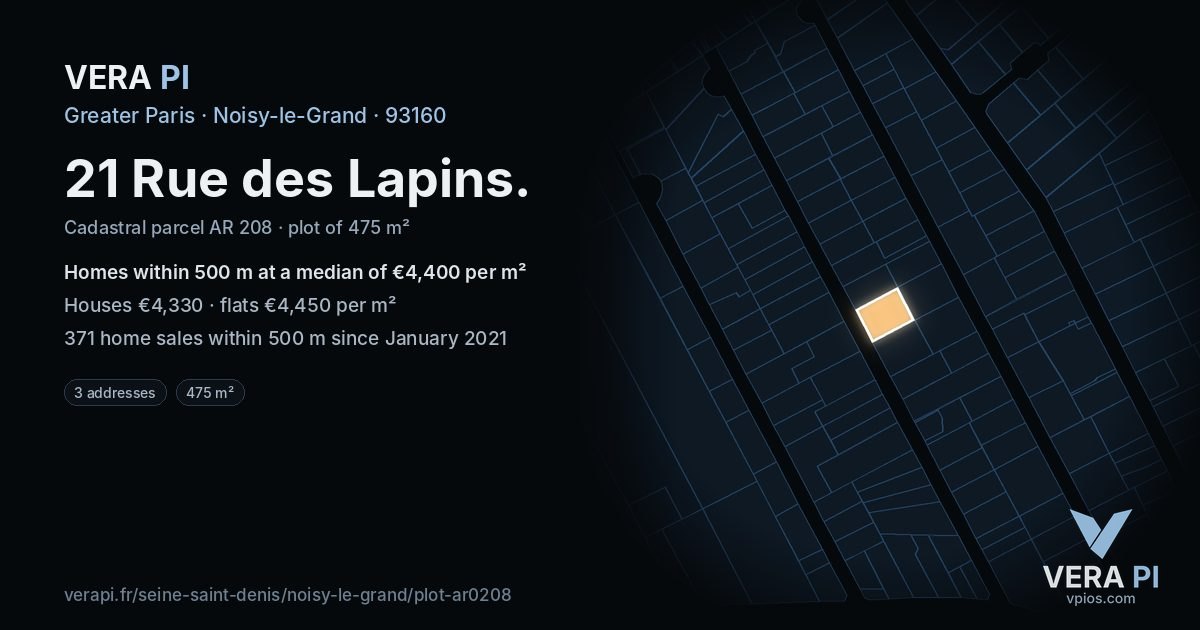 21 Rue des Lapins, Noisy-le-Grand at night – the plot lit, the parcels around coloured by the prices near them