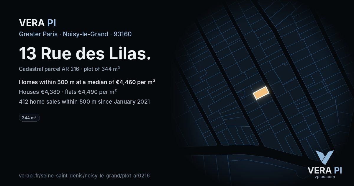 13 Rue des Lilas, Noisy-le-Grand at night – the plot lit, the parcels around coloured by the prices near them