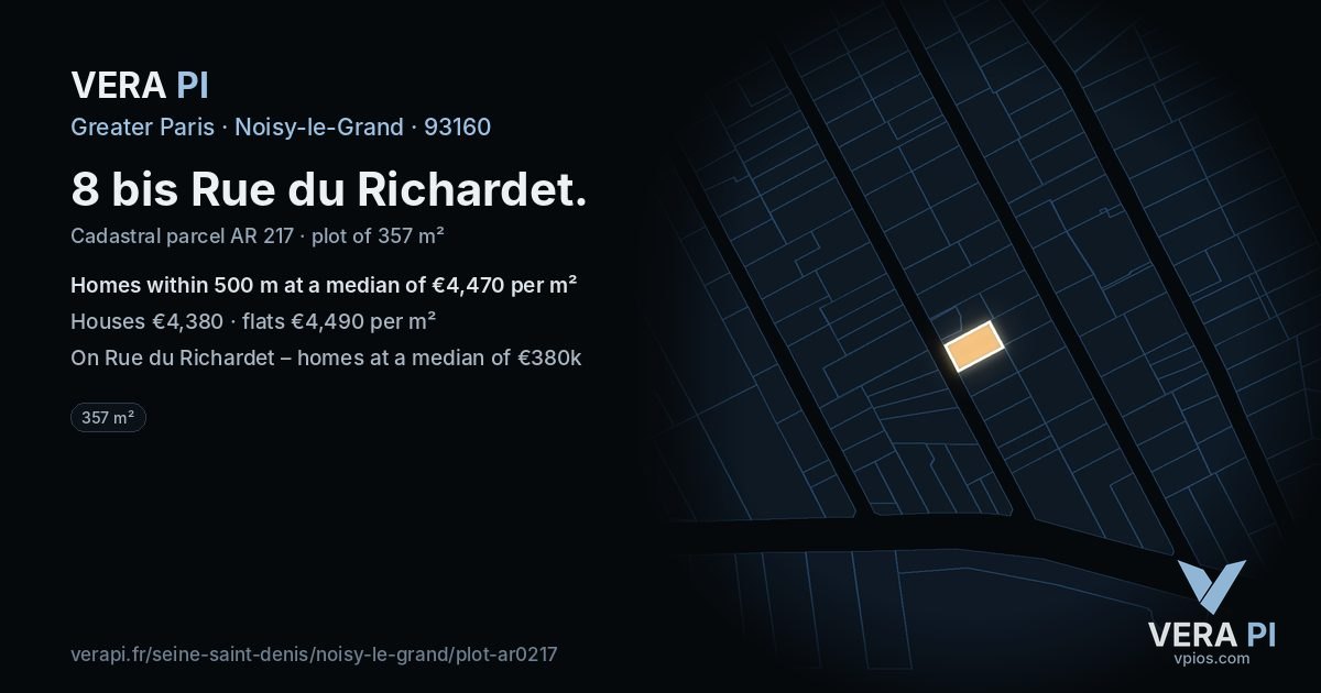 8 bis Rue du Richardet, Noisy-le-Grand at night – the plot lit, the parcels around coloured by the prices near them