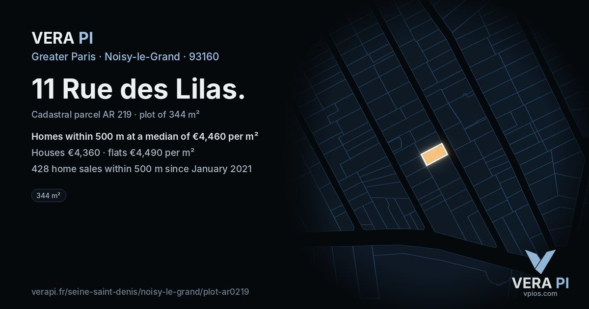 11 Rue des Lilas, Noisy-le-Grand at night – the plot lit, the parcels around coloured by the prices near them