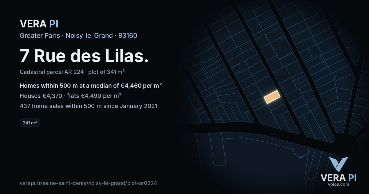 7 Rue des Lilas, Noisy-le-Grand at night – the plot lit, the parcels around coloured by the prices near them