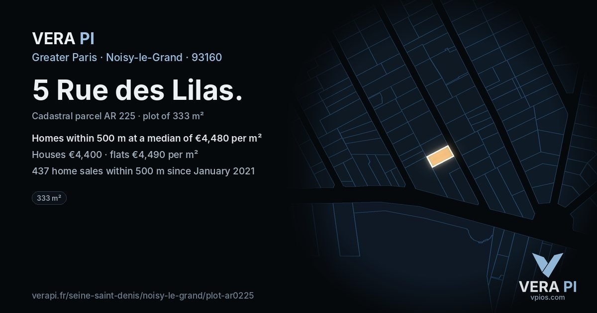 5 Rue des Lilas, Noisy-le-Grand at night – the plot lit, the parcels around coloured by the prices near them