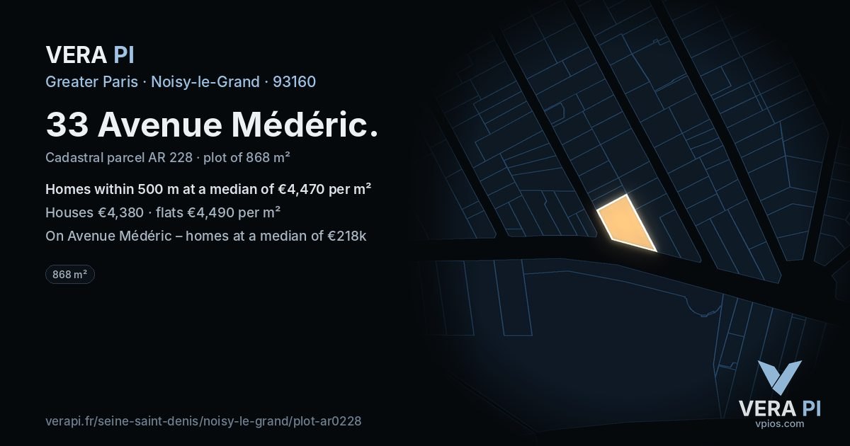 33 Avenue Médéric, Noisy-le-Grand at night – the plot lit, the parcels around coloured by the prices near them